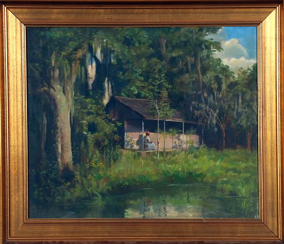 Appraisal: Landscape with ethnic figure sitting on porch pond in foreground