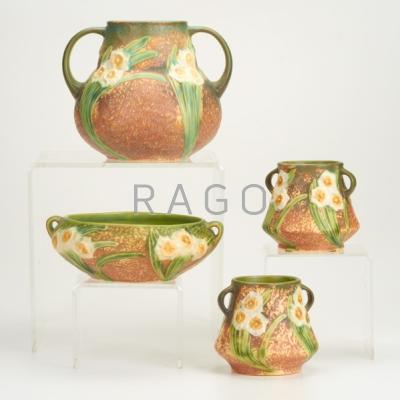 Appraisal: ROSEVILLE Jonquil four pieces Three handled vases and low bowl