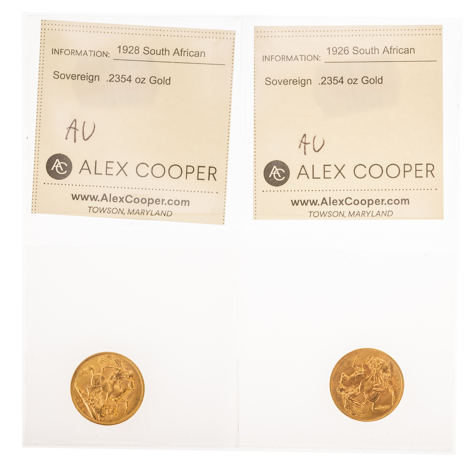 Appraisal: A PAIR OF AU SOUTH AFRICAN GOLD SOVEREIGNS and