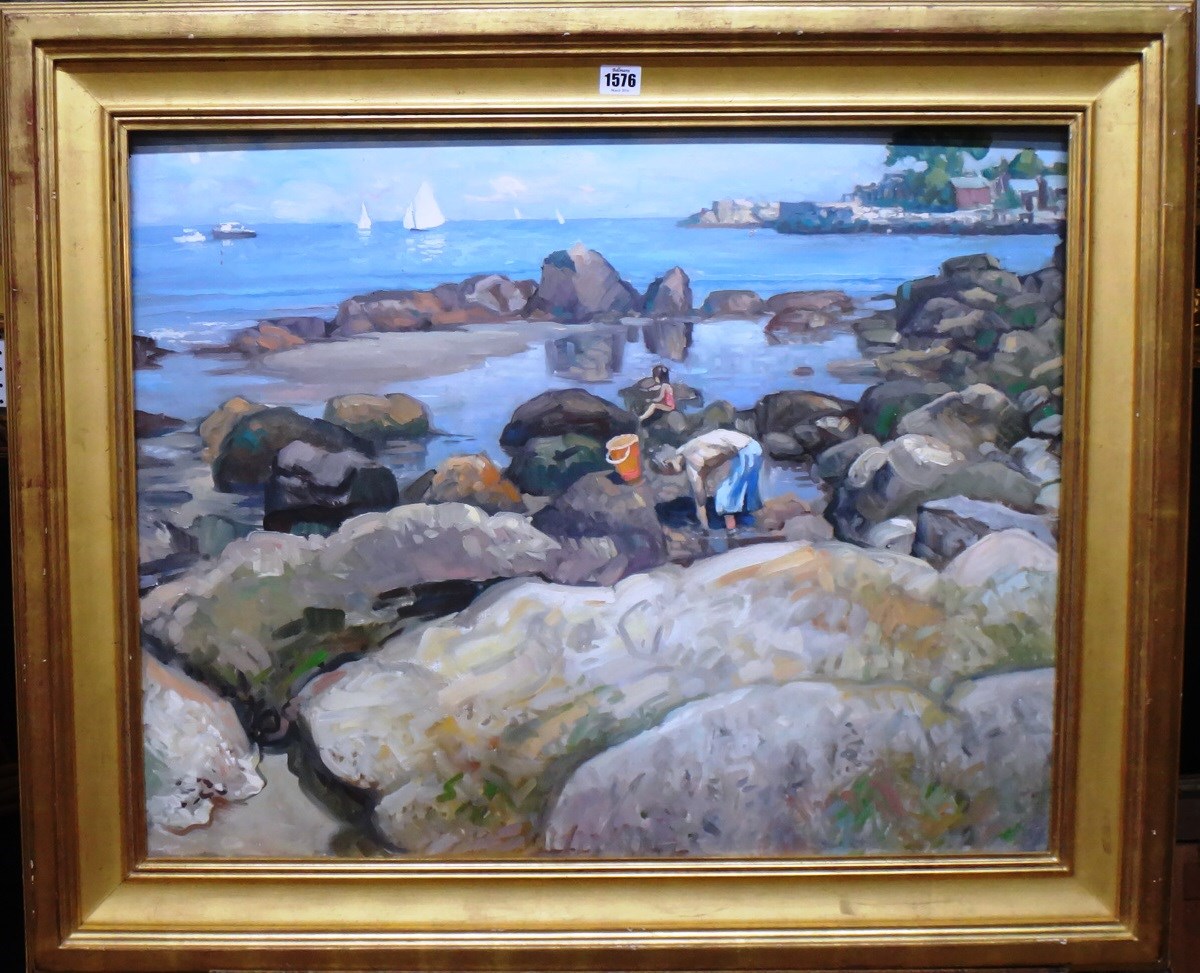 Appraisal: British School th century Coastal scene with figures rockpooling oil