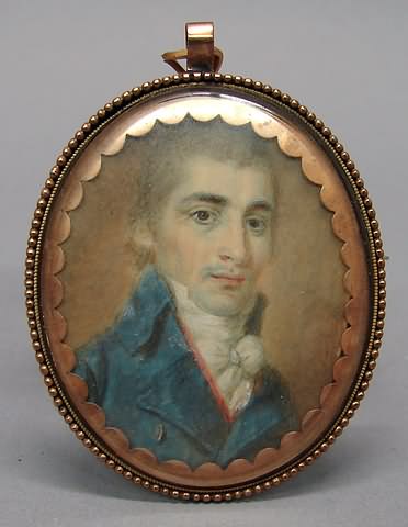 Appraisal: Bust-length of gentleman wearing blue jacket on oval ivory copper