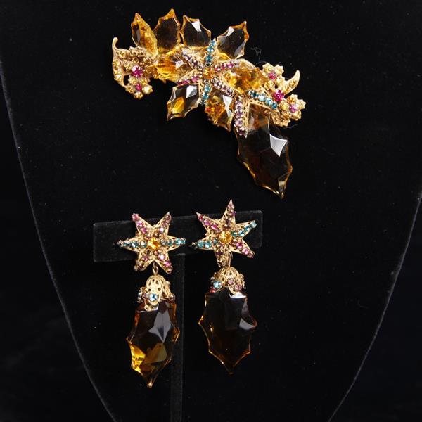 Appraisal: Miriam Haskell pc Asymmetrical Floral Brooch Pin Clip Earrings with