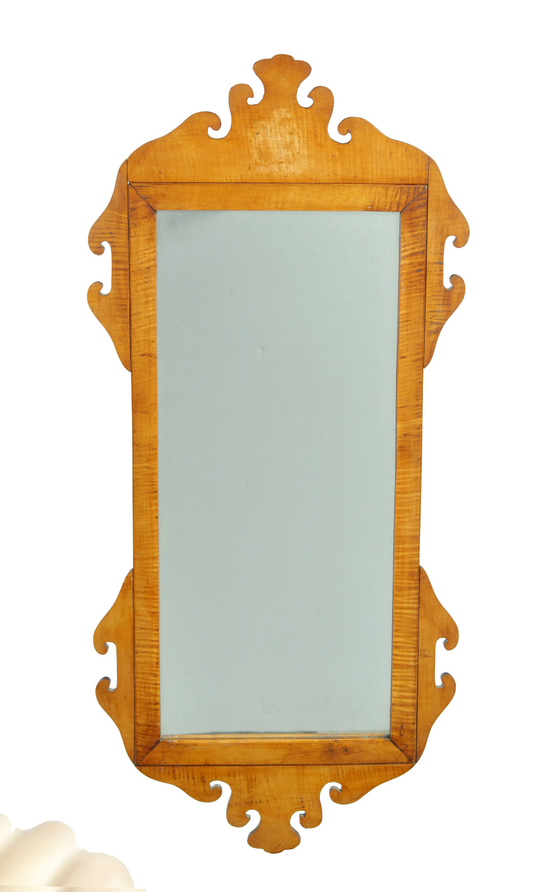 Appraisal: TIGER MAPLE CHIPPENDALE-STYLE MIRROR American mid th century Scalloped trim