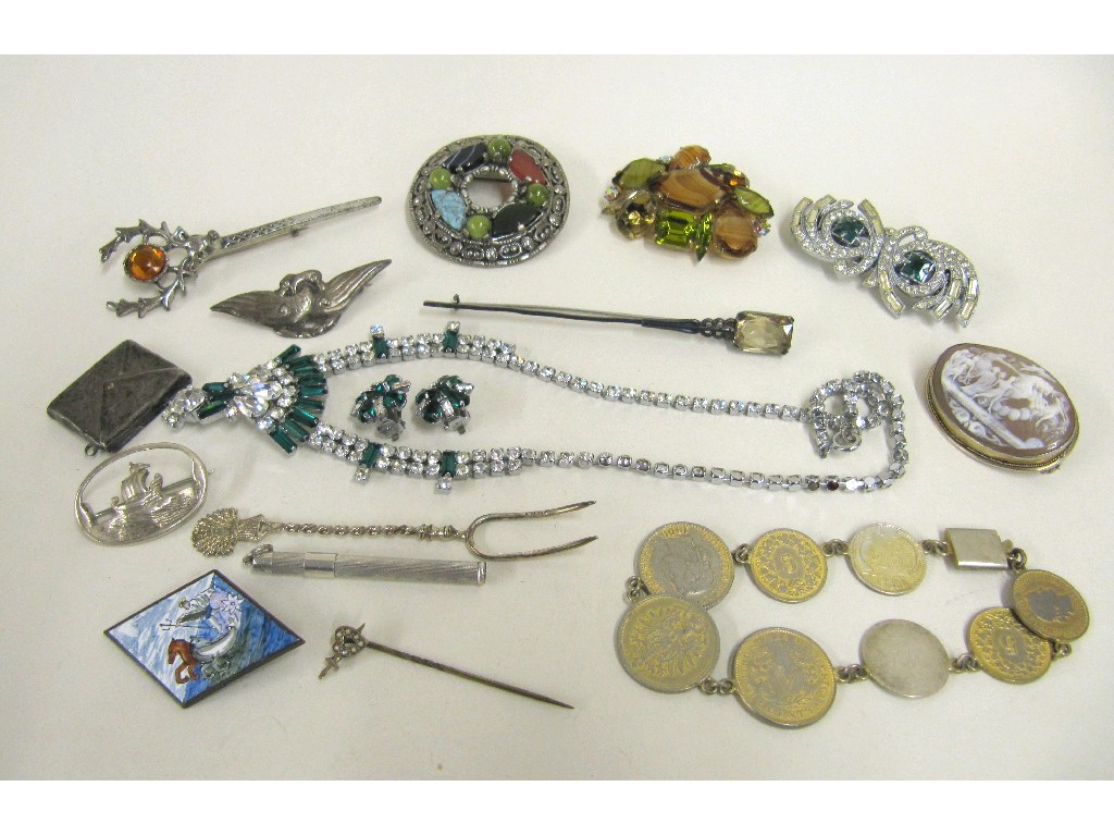 Appraisal: Lot comprising silver toothpick costume brooches silver mounted cameo brooch