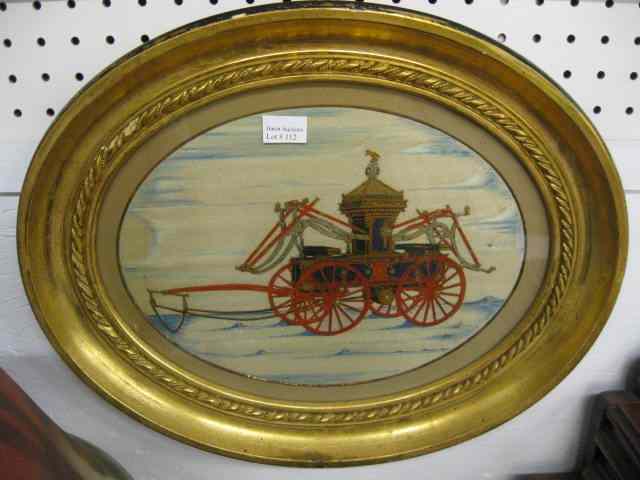 Appraisal: Early Embroidered Silk Picture of a Fire Wagonpumper carriage mid