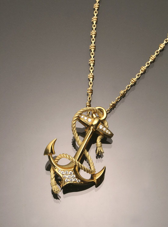 Appraisal: -Karat Yellow-Gold and Diamond Anchor Pendant Brooch and Chain The