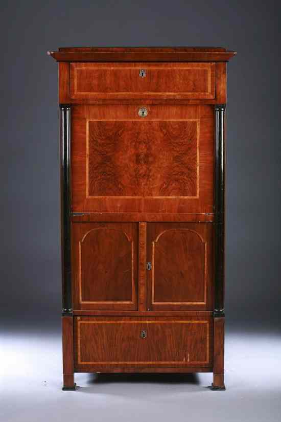 Appraisal: BIEDERMEIER WALNUT AND EBONIZED SECR TAIRE ABATTANT th century Projecting