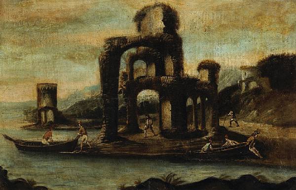 Appraisal: Italian School A capriccio of ruins and figures in boats