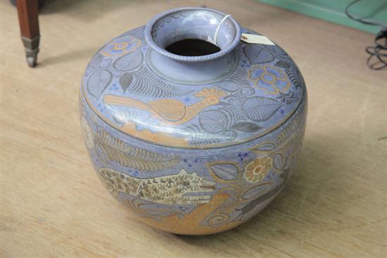 Appraisal: LARGE DECORATED URN Having painted decoration in blue brown black