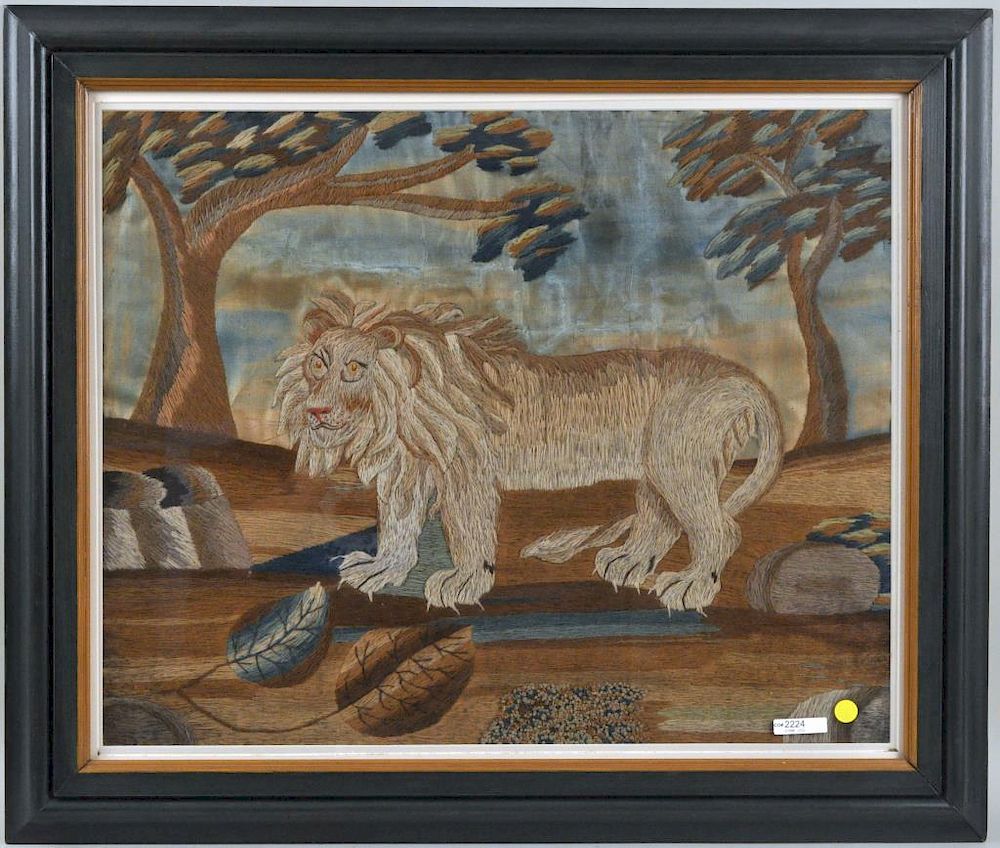 Appraisal: Large Needlework Picture of Lion Among Trees framed not examined