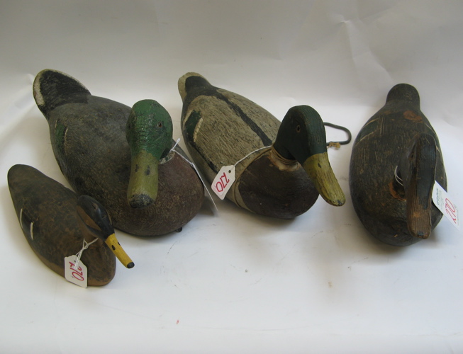 Appraisal: GROUP OF FOUR PAINTED WOOD DUCK DECOYS two mallard drakes