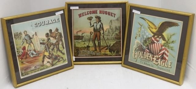 Appraisal: THREE LATE TH CENTURY FRAMED TOBACCO LABELS TOINCLUDE WELCOME NUGGET