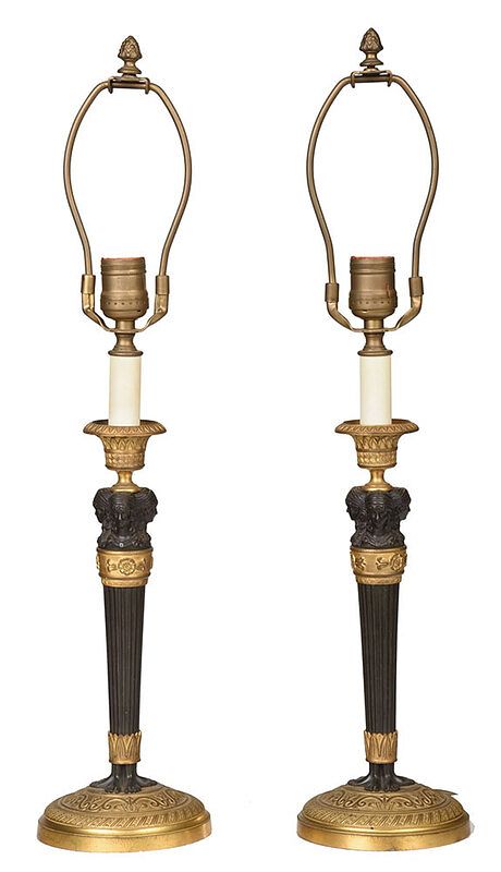 Appraisal: Pair of Empire Gilt Bronze Candlestick Lamps Continental th century