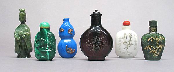 Appraisal: A group of six decorative snuff bottles Including a white