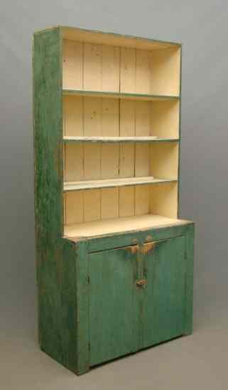 Appraisal: th c stepback cupboard in green paint '' W ''