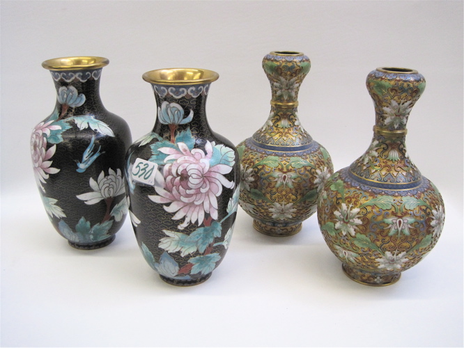 Appraisal: TWO PAIR OF CHINESE CLOISONNE VASES One with rose flowers