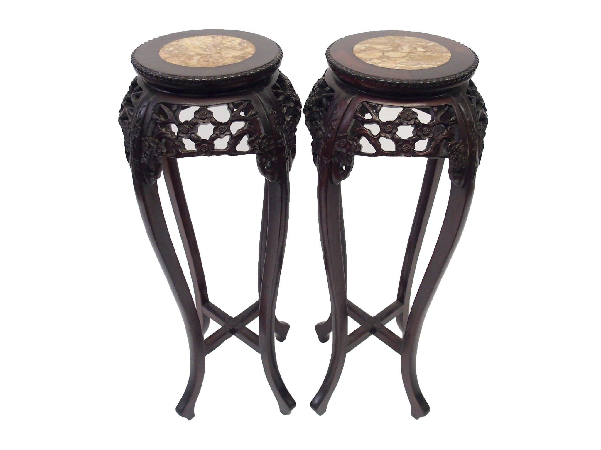 Appraisal: A pair of Chinese rosewood pedestalseach with marble top insert