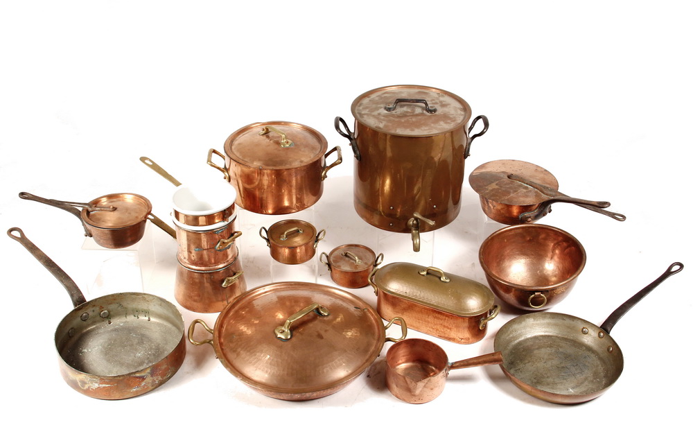 Appraisal: PCS ANTIQUE FRENCH COPPER COOKWARE - Including Skillets Double Boiler