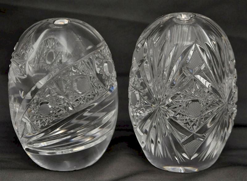 Appraisal: CUT CRYSTAL EGG PAERWIGHTS BUD VASES Two cut crystal egg