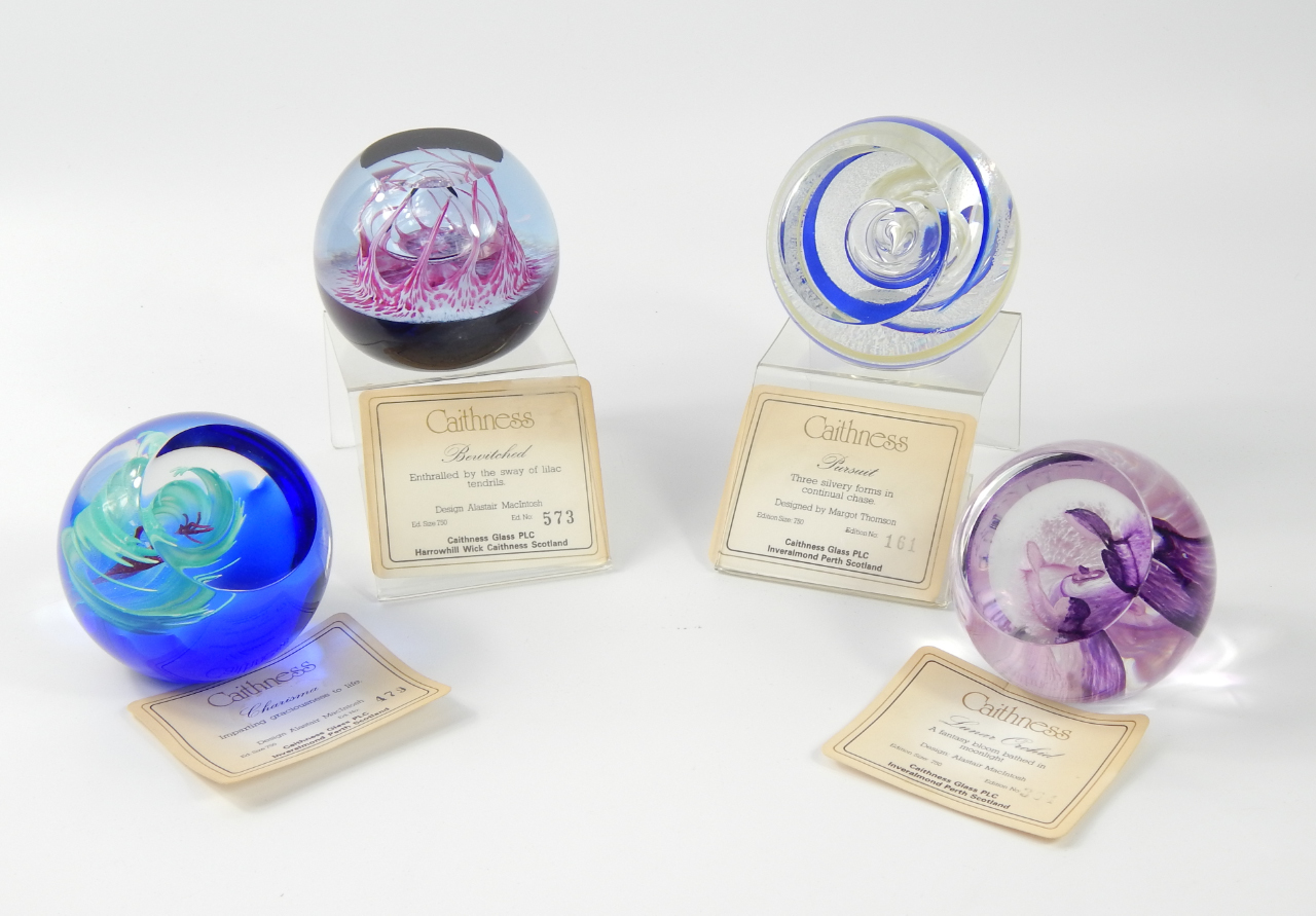 Appraisal: Caithness glass paperweights limited edition comprising Pursuit Lunar Orchid Charisma