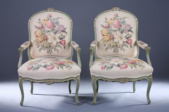 Appraisal: PAIR LOUIS XV STYLE PAINTED PROVINCIAL FAUTEUILS th Century With