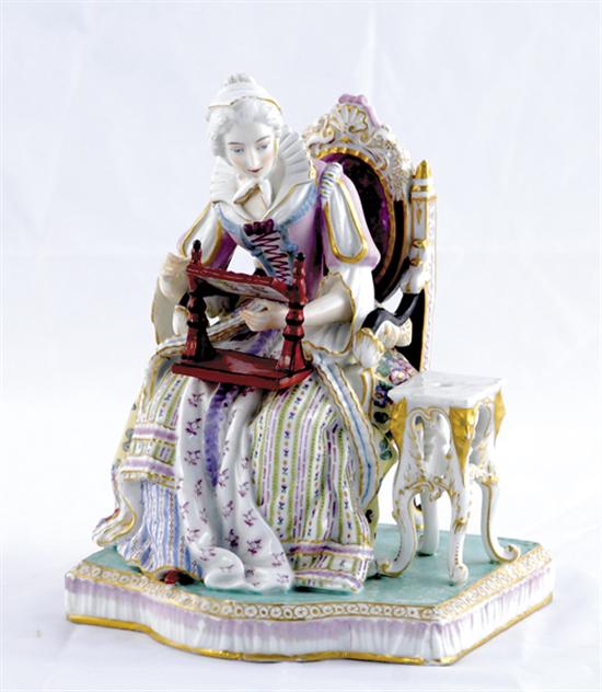 Appraisal: Meissen porcelain figure late th century seated lady engaged in