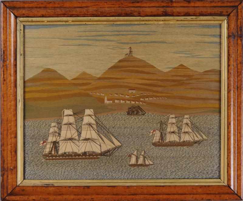 Appraisal: ENGLISH SCHOOL SHIPS IN HARBOR BY A VILLAGE Wool on