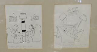 Appraisal: James Thurber - pair of ink drawings in one frame