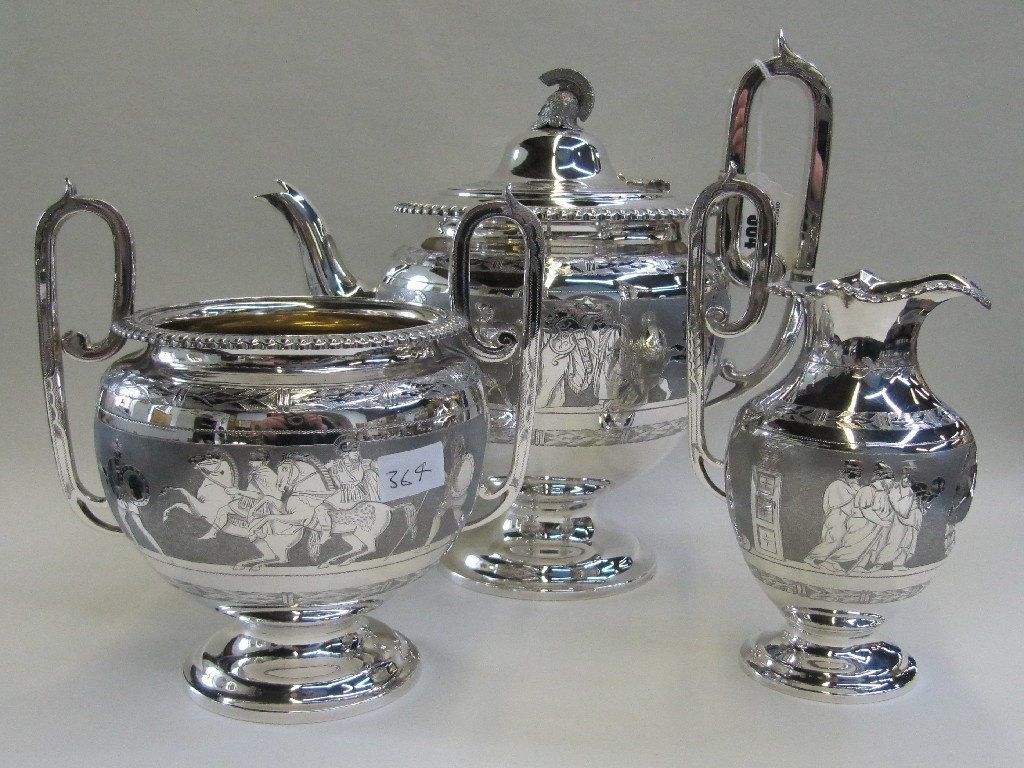 Appraisal: Three piece EPNS tea service decorated with Greek warriors and