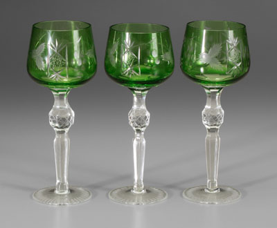 Appraisal: Set of Moser intaglio-cut goblets emerald-cut-to-clear bowls ferns stars all