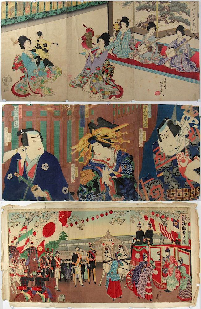 Appraisal: Three Meiji Triptychs Including Chikanobu Bunraku Puppet Theatre by Chikanobu