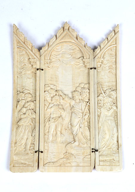 Appraisal: A TH CENTURY CONTINENTAL IVORY TRIPTYCH carved in relief with