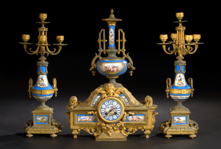 Appraisal: French Three-Piece Gilt-Brass and Gilt-Spelter-Mounted Sevres-Style Porcelain Mantel Garniture fourth