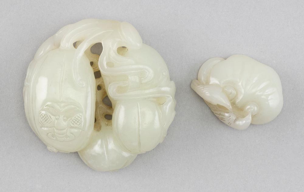 Appraisal: TWO CHINESE CARVED CELADON JADE FINGERING PIECESTWO CHINESE CARVED CELADON