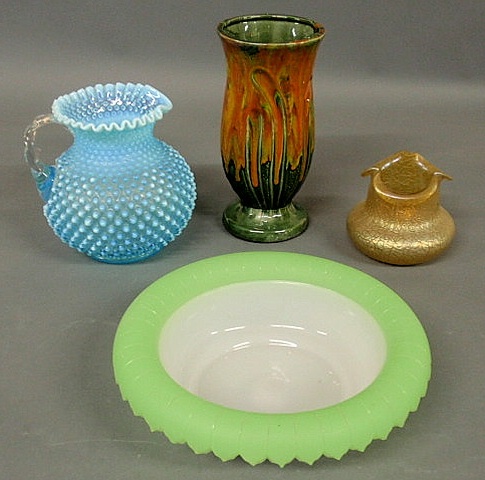 Appraisal: Blue hobnail pitcher h green and white centerpiece bowl dia