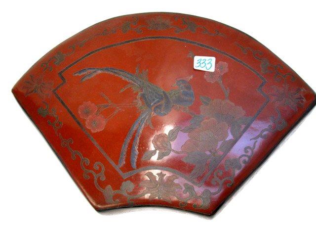 Appraisal: CHINESE LACQUER COVERED BOX fan shaped with red lacquer exterior