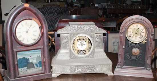 Appraisal: Two Victorian kitchen clocks and a similar etched metal mantel