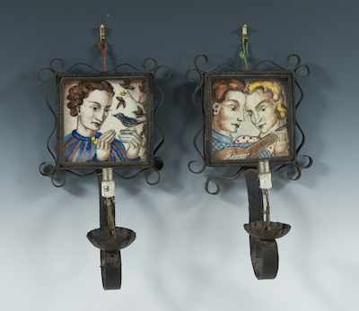 Appraisal: A Pair of Wrought Iron and Ceramic Tile Sconces The