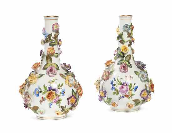 Appraisal: A Pair of Dresden Porcelain Flower-Encrusted Vases of bottle form