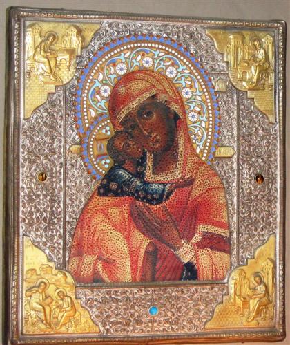 Appraisal: Russian silver silver-gilt and enamel icon Vladimirskaya Mother of God