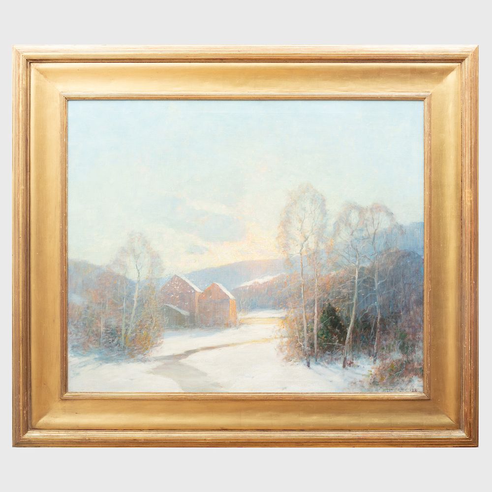 Appraisal: Ernest Albert - Snow Scene with Red Barn Ernest Albert