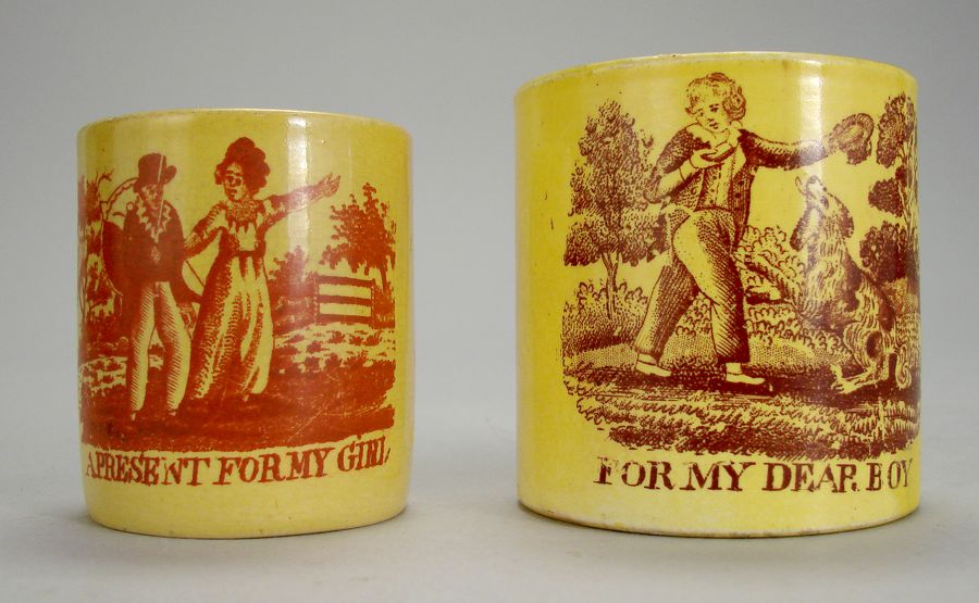 Appraisal: TWO CANARY-YELLOW POTTERY CHILDREN'S MUGS English th CenturyFor My Dear