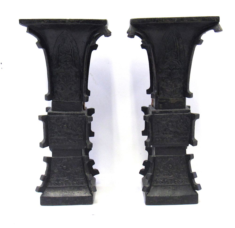 Appraisal: Pair of th Century Gu-Form Bronze Vases From a th