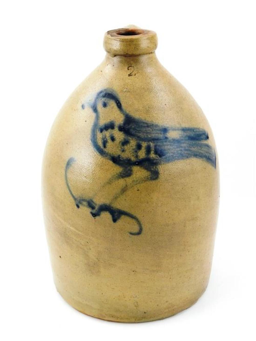 Appraisal: th C American salt-glazed stoneware jug -gallon hand-painted cobalt bird