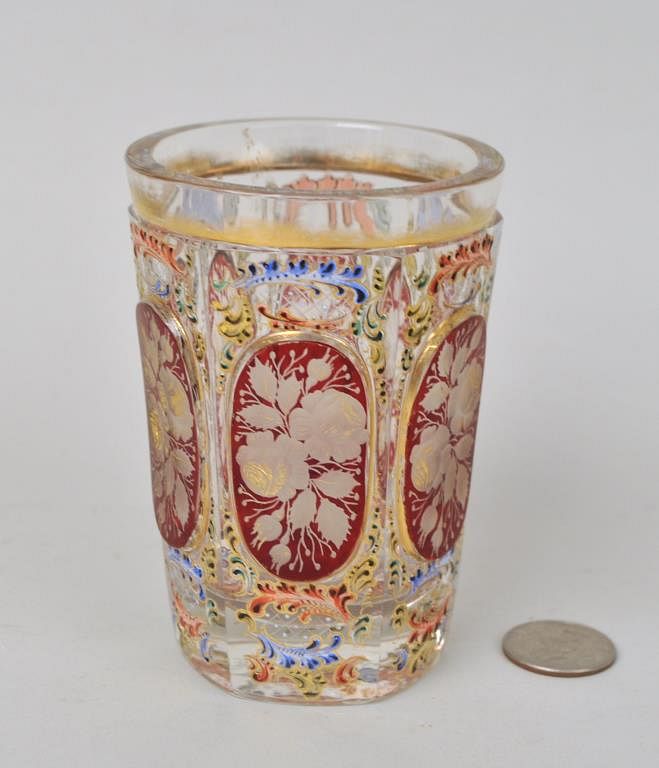 Appraisal: Moser Polychrome Decorated Tumbler unsigned cut to clear and enamel