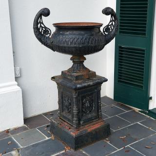 Appraisal: Large Victorian cast iron garden urn and pedestal Large Victorian