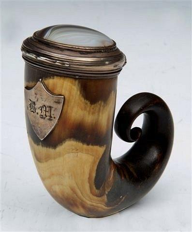 Appraisal: A HORN SNUFF MULL the plaque inscribed B M long