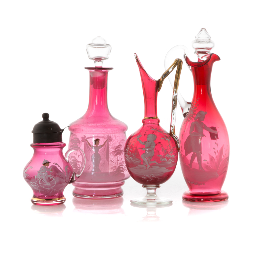 Appraisal: Four Mary Gregory cranberry glass articles including pewter-mounted syrup pitcher