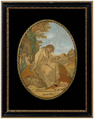 Appraisal: Silk mourning needlework young woman with sad expression seated against