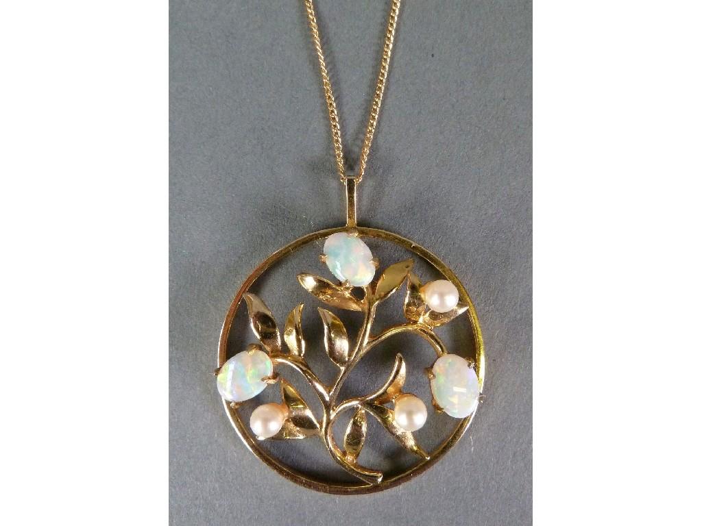 Appraisal: ct GOLD OPAL AND PEARL OPENWORK CIRCULAR PENDANT the plant